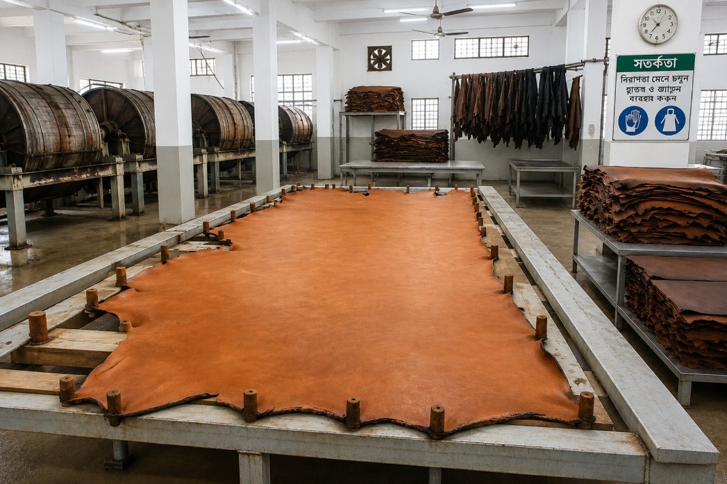 Leather moving through a production machine